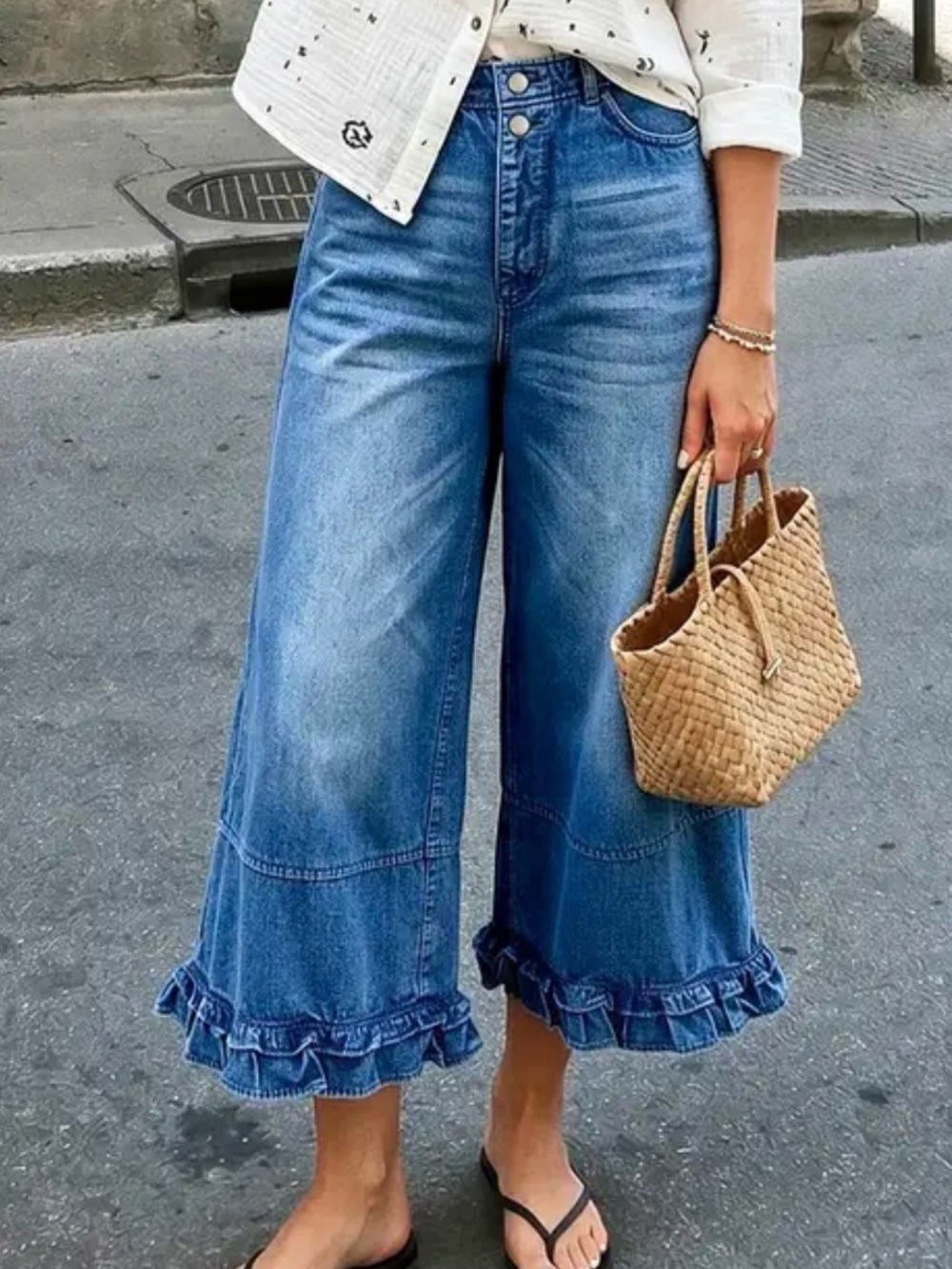 Women's Ruffle-Hem Wide Leg Jeans - Blue flamingals brand, stretch